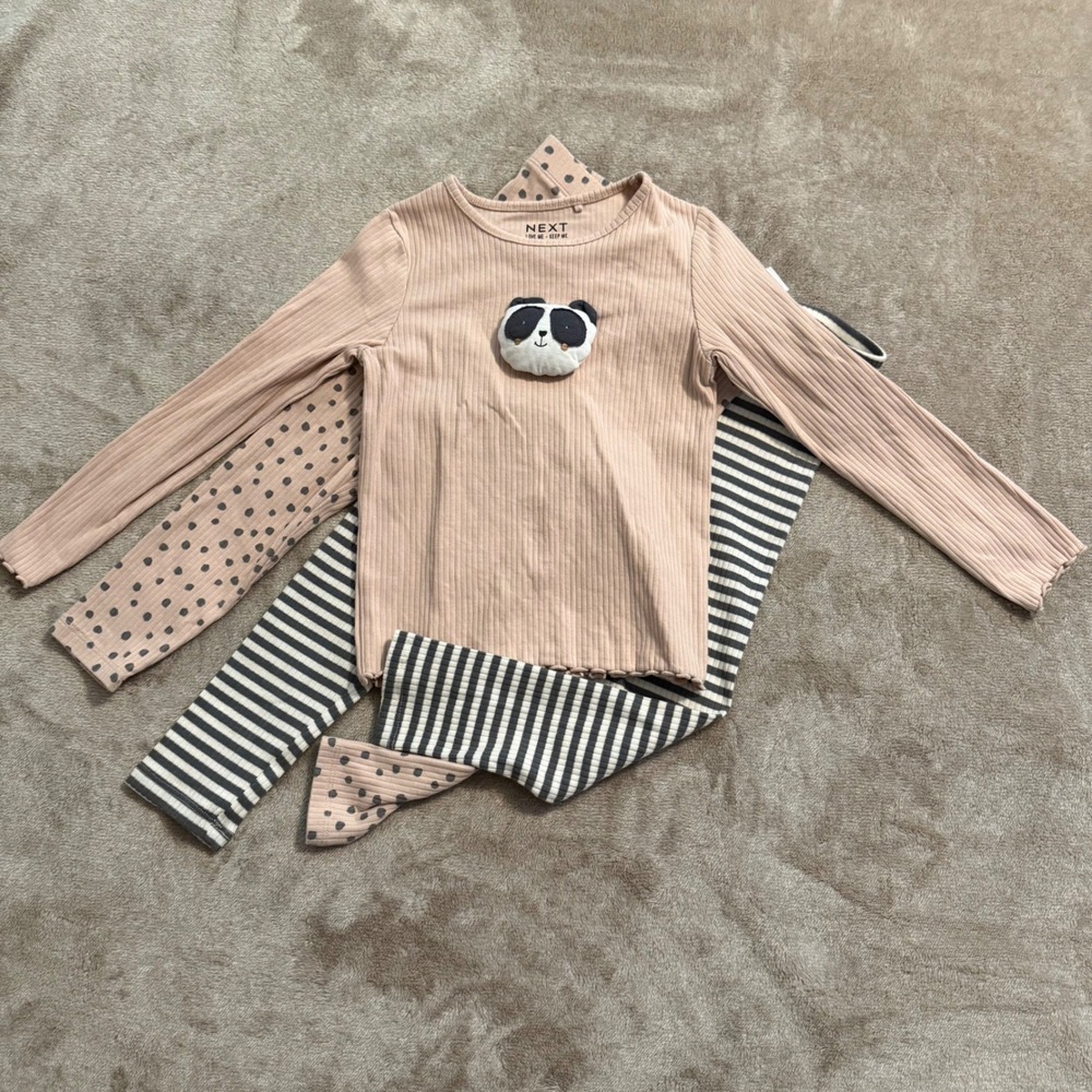 Next Girls 3pc Ribbed Panda Set Pink Top Striped Polka Dot Leggings 4-5Y NWT